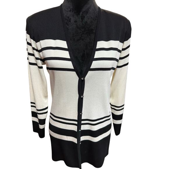 Misook Button Front Cardigan Black Ivory stripe Rhinestone detail classy light S - Picture 1 of 12
